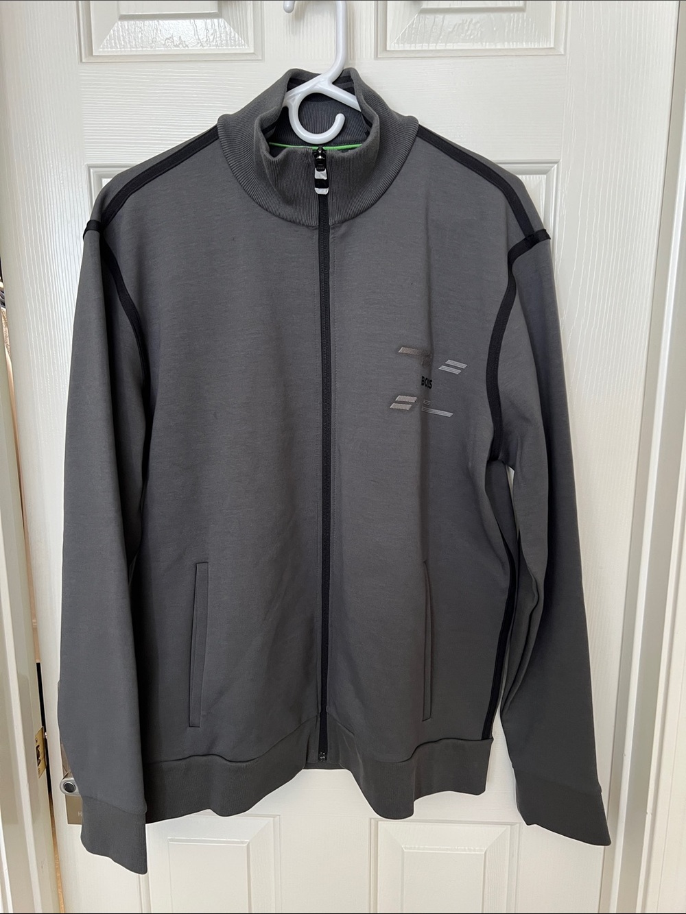 Boss Men's Gray Lightweight Zip-Front Jacket with Black Trim